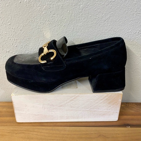 Jeffrey Campbell Suede Block Heel Loafers Gold Horsebit Hardware Size 9 Timeless - Picture 3 of 10